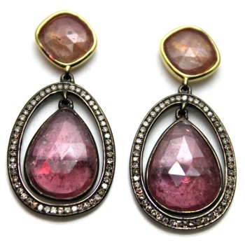 Multi Color Rose Cut Sapphire-Brown Diamond Drop Earrings